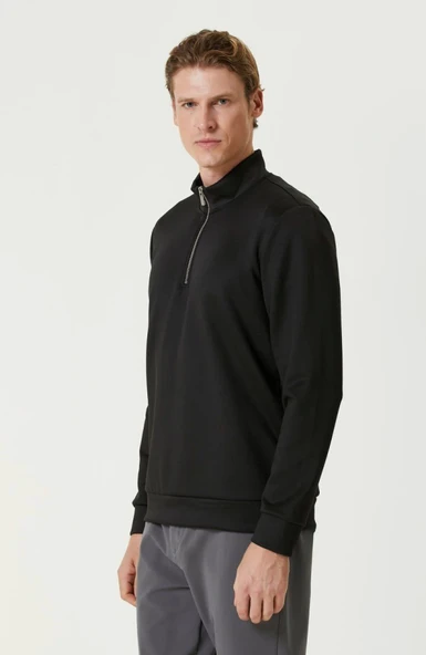 Unisex Uzun Kol Yarım Farmuarlı Yakalı Basic SweatShirt - Siyah - Resim 4