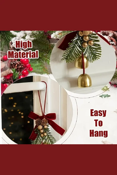 Kırmızı & Altın Noel Kapı Süsü | İkili Çan ve Bordo Kurdele Detaylı Çam Kozalaklı Yılbaşı Kapı Çelengi (1 Adet) - Resim 4