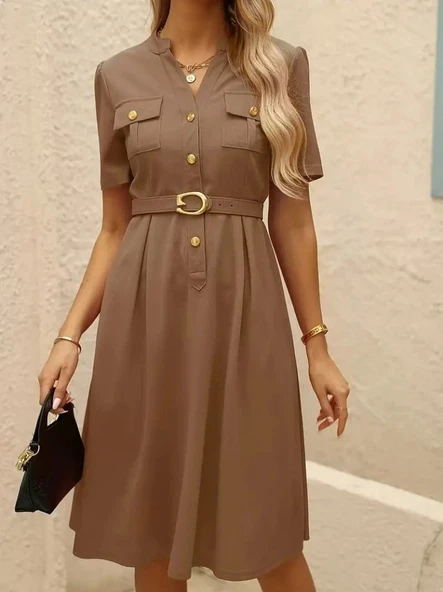 Kadın Kısa Kollu Düğmeli Ve Kemerli Atlas Elbise - Resim 5