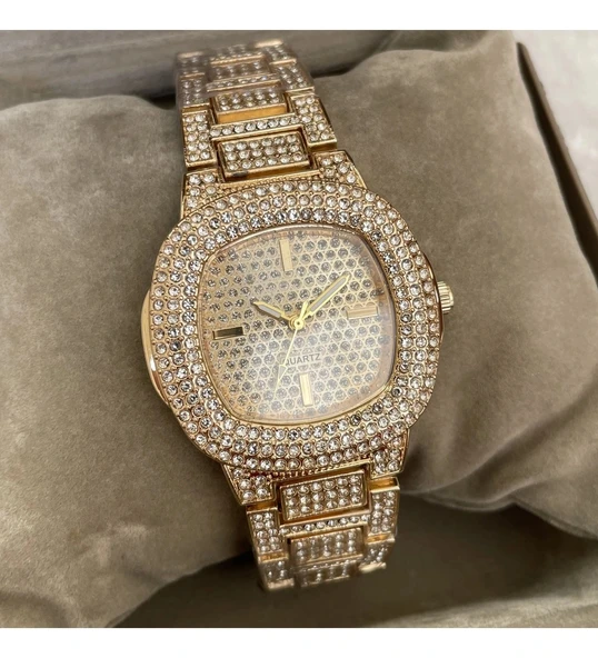 Altın Renk Taş Kaplama Oval Kasa Tasarım Kadın Kol Saati - 5
