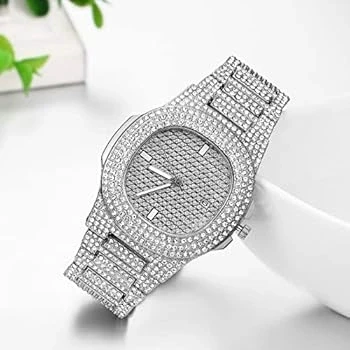 Gümüş Renk Taş Kaplama Oval Kasa Tasarım Kadın Kol Saati