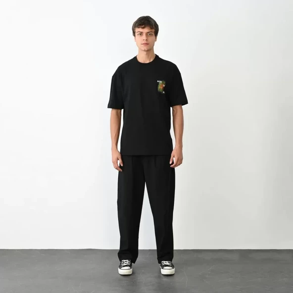 Unisex Bisiklet Yaka Baskılı Oversize T-Shirt - Siyah ürün görseli 1