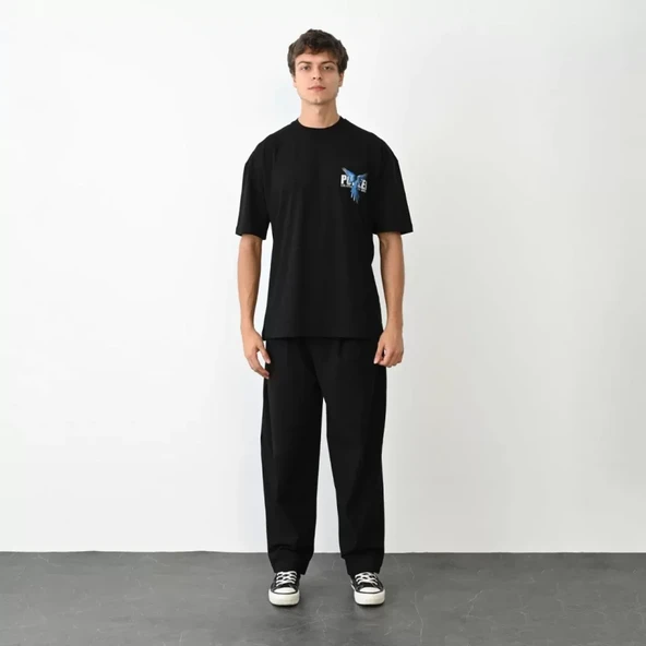 Unisex Bisiklet Yaka Baskılı Oversize T-Shirt - Siyah ürün görseli 1