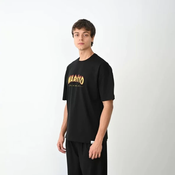 Unisex Bisiklet Yaka Baskılı Oversize T-Shirt - Siyah - Resim 3