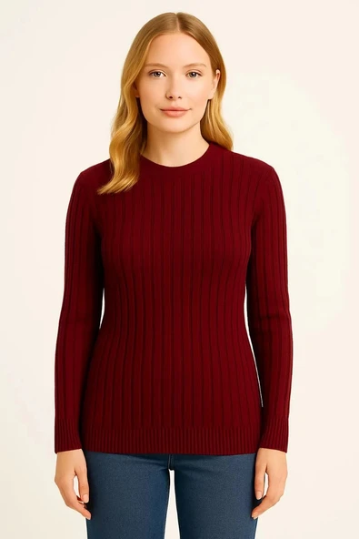Kadın Bisiklet Yuvarlak Yaka Triko Kazak Pamuklu Kalın Fitilli Dokuma, Regular Fit Uzun Kollu Kışlık Model - Bordo - 2
