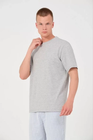 Unisex Düz Biskilet Yaka Oversize T-shirt - Gri ürün görseli 1