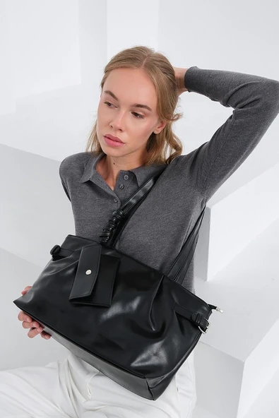 Vintage Suni Deri Omuz Çantası Siyah ürün görseli