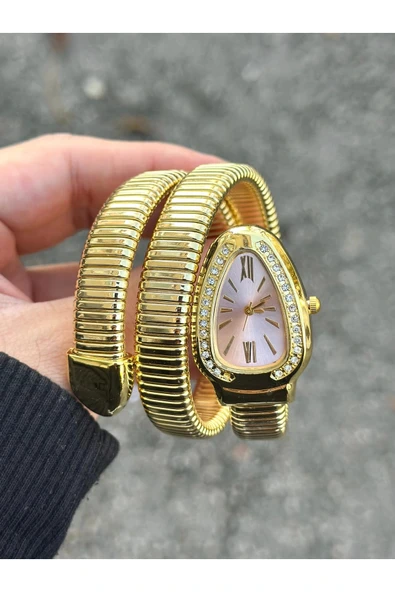 Altın Renk Beyaz Kadran Yılan Saat Dolamalı Saat - 4