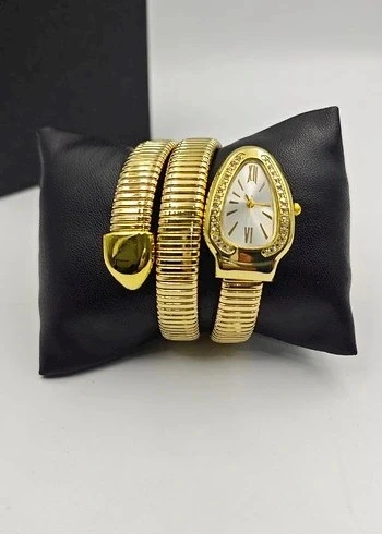 Altın Renk Beyaz Kadran Yılan Saat Dolamalı Saat - 2