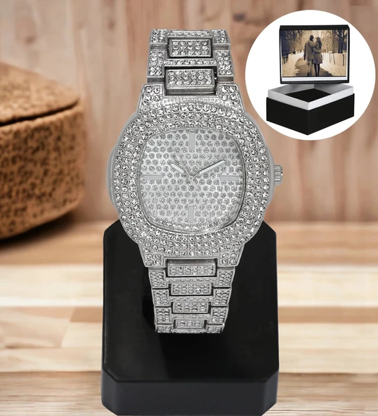 Gümüş Renk Taş Kaplama Oval Kasa Tasarım Kadın Kol Saati - 3