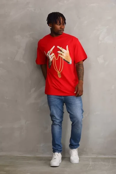 Unisex Baskılı Oversize T-Shirt - Kırmızı - Resim 4