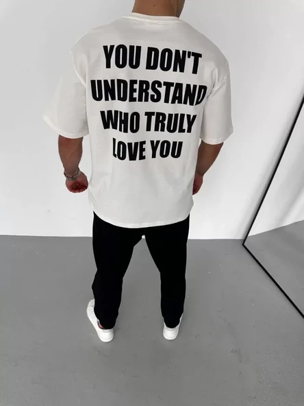 Unisex Bisiklet Yaka Baskılı Oversize T-Shirt - Beyaz - Resim 3