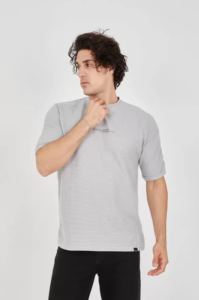 Unisex Waffle Kumaş Rahat Kol T-Shirt - Boyalı Gri - Resim 2