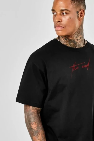 Unisex Baskılı Oversize T-Shirt - Siyah - Resim 3