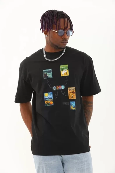 Unisex Oversize Baskılı Bisiklet Yaka T-Shirt - Siyah - Resim 3