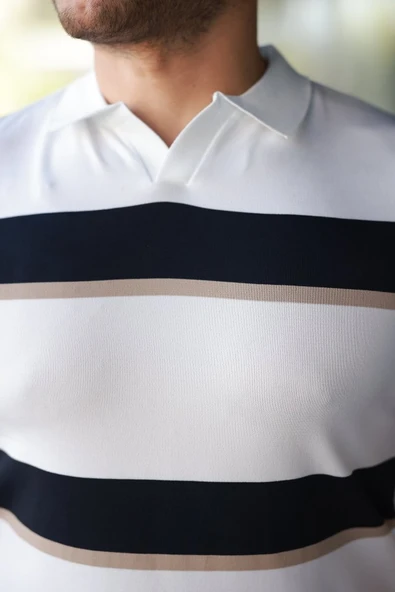 Erkek şerit Desenli Hemşire Yaka Kısa Kollu Tişört - Resim 3