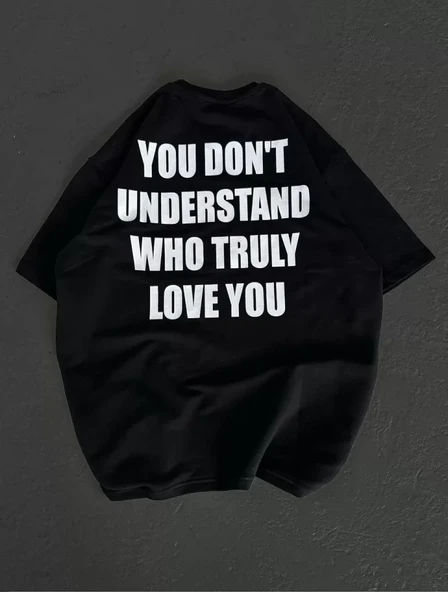 Unisex Bisiklet Yaka Baskılı Oversize T-Shirt - Siyah - Resim 2