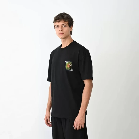 Unisex Bisiklet Yaka Baskılı Oversize T-Shirt - Siyah - Resim 2