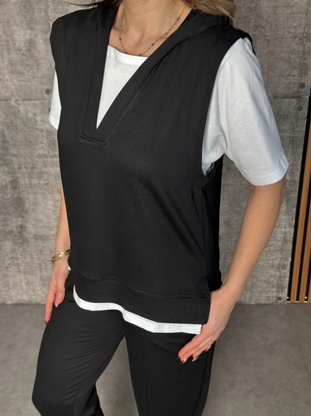 Kadın Kısa Kollu V Yakalı Kapşonlu Viskon Iki Iplik Bluz Ve Pantolon Takım - Resim 2