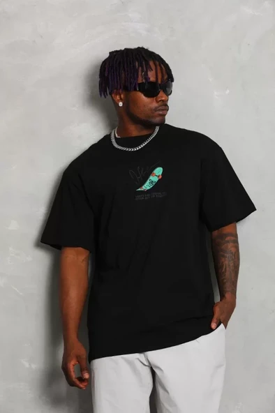 Unisex Oversize Baskılı Bisiklet Yaka T-Shirt - Siyah - Resim 2