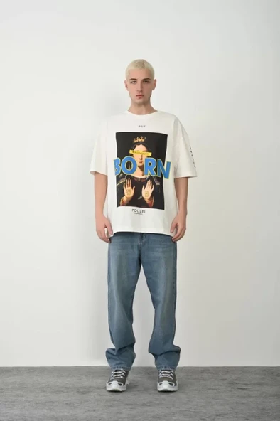 Unisex Baskılı Bisiklet Yaka Oversize T-Shirt - Beyaz - Resim 3