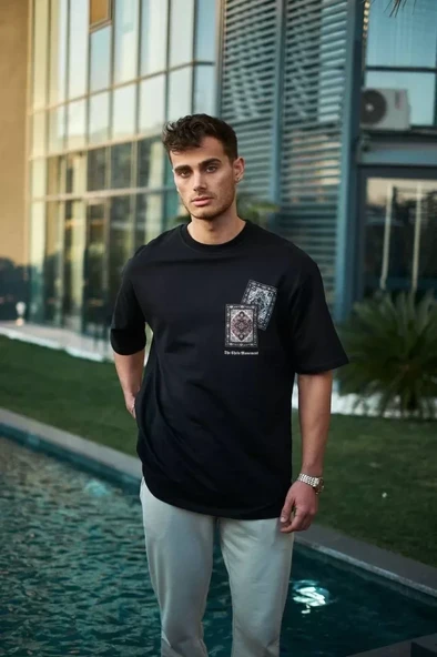 Unisex Bisiklet Yaka Baskılı Oversize T-Shirt - Siyah ürün görseli 1