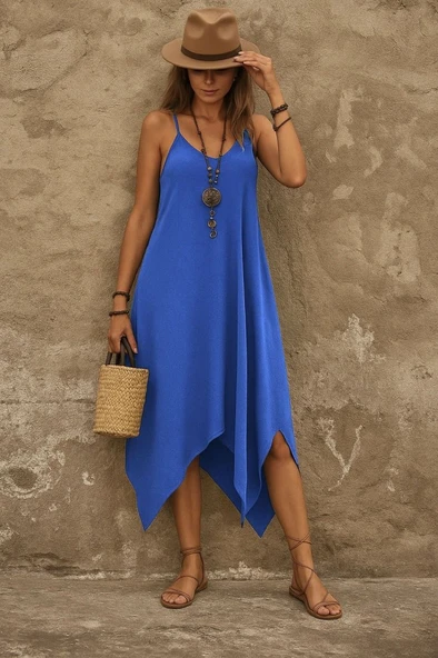 Kadın Askılı V Yakalı Cep Detaylı Asimetrik Kesim Viskon Elbise ürün görseli 1