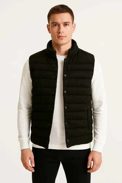 Ezr Çıtçıtlı Erkek Slim Fit Siyah Süet Yelek - 7445