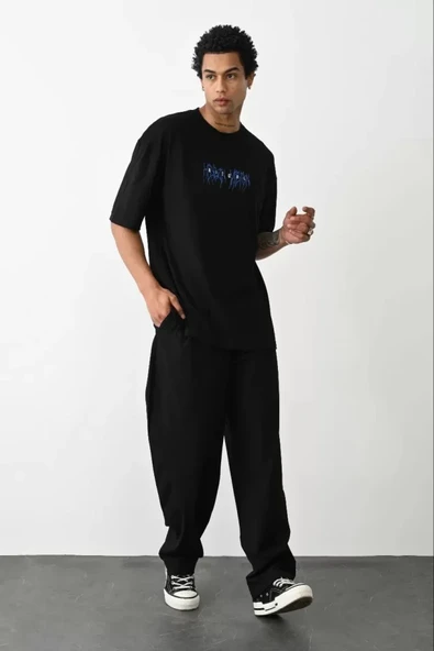 Unisex Baskılı Oversize T-Shirt - Siyah - Resim 3