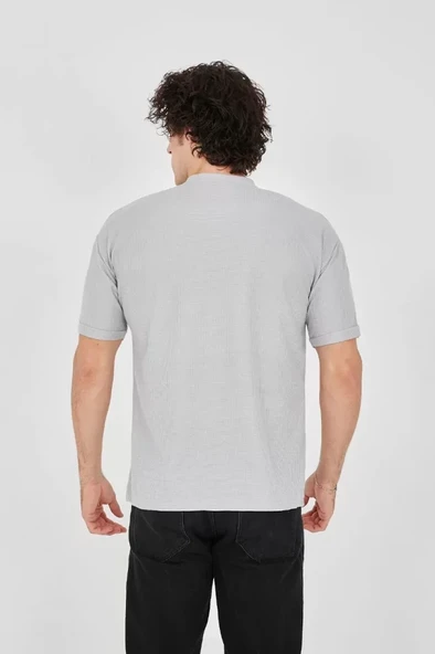 Unisex Waffle Kumaş Rahat Kol T-Shirt - Boyalı Gri - Resim 4