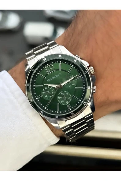 Gümüş Çelik Kordon Erkek Kol Saati Takvimli Yeşil Kadran Özel Kutusunda - 3