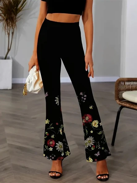 Kadın Yüksek Belli çiçek Desenli Ispanyol Paçalı Dalgıç Tayt Pantolon ürün görseli 1