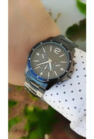 Siyah Çelik Kordon Erkek Kol Saati Takvimli Siyah Kadran Özel Kutusunda - 5