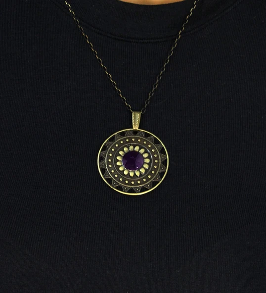 Doğal Taş Ametist Doğal Taşlı Yuvarlak Model Antik Kadın Kolye euk46amt - Resim 2