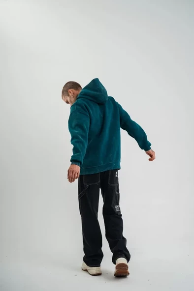 Unisex Uzun Kol Kapşonlu Yıkamalı Nakışlı SweatShirt - Koyu Deniz Yeşili - Resim 3