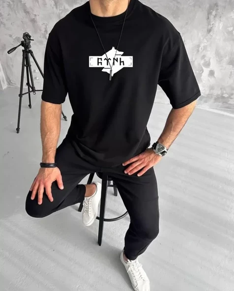 Unisex Bisiklet Yaka Baskılı Double Oversize T-Shirt - Siyah ürün görseli 1