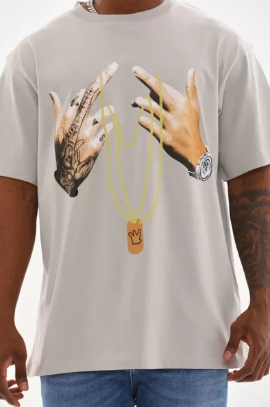 Unisex Baskılı Oversize T-Shirt - Gri ürün görseli 1