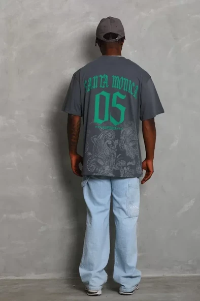 Unisex Oversize Baskılı Bisiklet Yaka T-Shirt - Füme - Resim 3