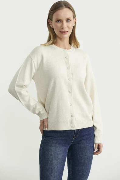 Düğme Detaylı Sıfır Yaka Triko Hırka - Taş - Resim 3