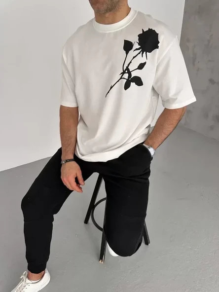 Unisex Bisiklet Yaka Baskılı Oversize T-Shirt - Beyaz ürün görseli 1