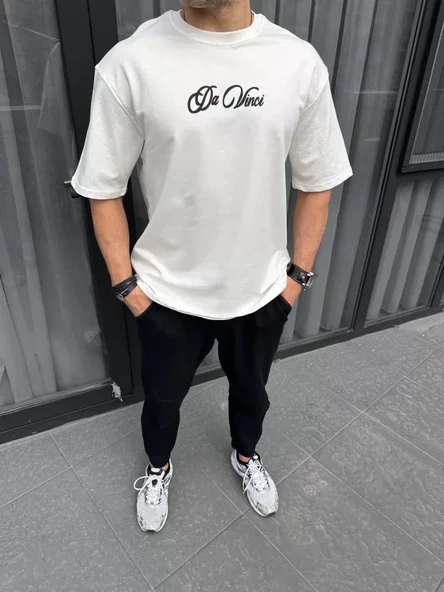 Unisex Baskılı Oversize T-Shirt - Beyaz - Resim 3