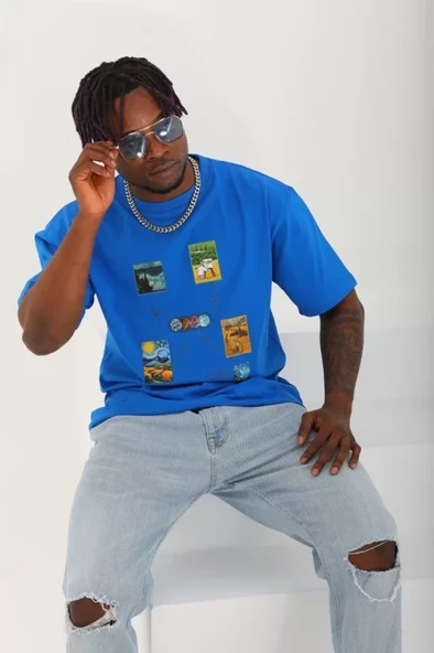 Unisex Oversize Baskılı Bisiklet Yaka T-Shirt - Mavi - Resim 3