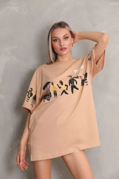 Unisex Bisiklet Yaka Baskılı Oversize T-Shirt - Bej - Resim 4