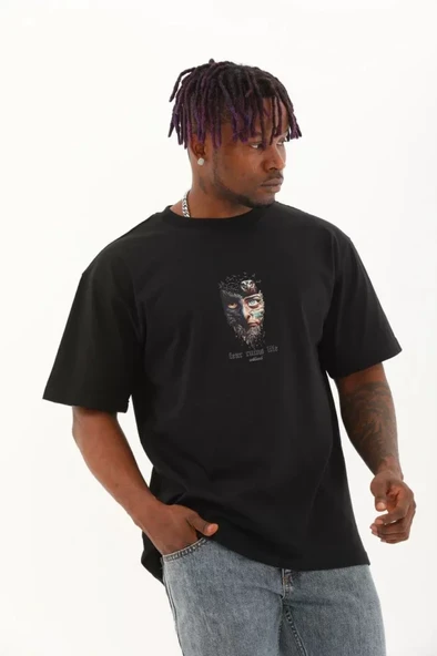 Unisex Oversize Baskılı Bisiklet Yaka T-Shirt - Siyah - Resim 2