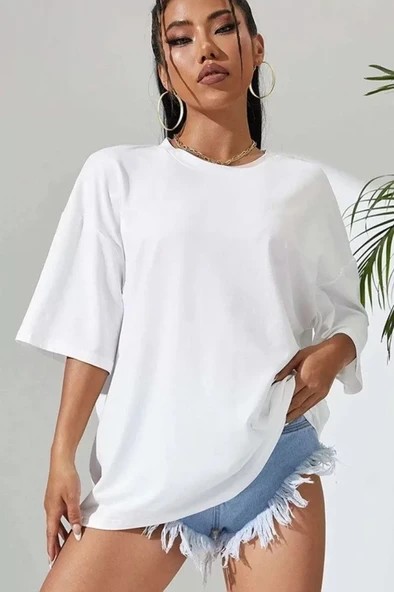Unisex Baskılı Oversize T-Shirt - Beyaz - Resim 2