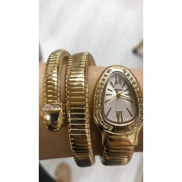 Altın Renk Beyaz Kadran Yılan Saat Dolamalı Saat - 3