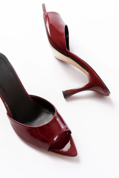 716 Bordo Rugan Sivri Burunlu Topuklu Kadın Terlik - Resim 6