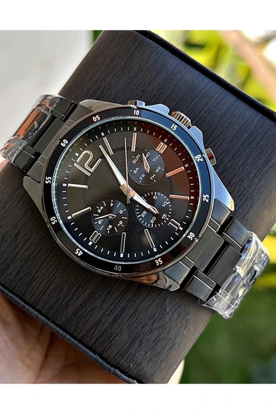 Siyah Çelik Kordon Erkek Kol Saati Takvimli Siyah Kadran Özel Kutusunda