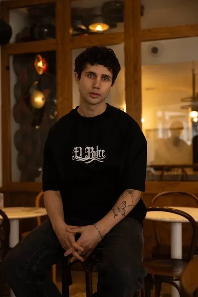 Unisex Bisiklet Yaka Baskılı Oversize T-Shirt - Siyah ürün görseli 1