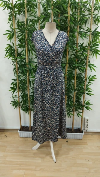 Kadın Kısa Kollu Kruvaze Yakalı çiçek Desenli Belden Lastikli Süprem Uzun Elbise - Resim 7